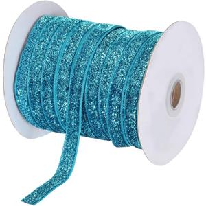 MECCANIXITY Metallic Glitter Velvet Ribbon 3/8 Inch x 50 Yard Single Face Sparkle Ribbon for Christmas DIY Crafts Gift Wrapping Bow Decoration Lake Blue