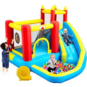 Inflatable Bounce House with Slide, Jumping Castle with Blower, Climbing Wall, Dartboard, Basketball Hoop and 50 Ball Pit Balls, 108x122x86 Inch
