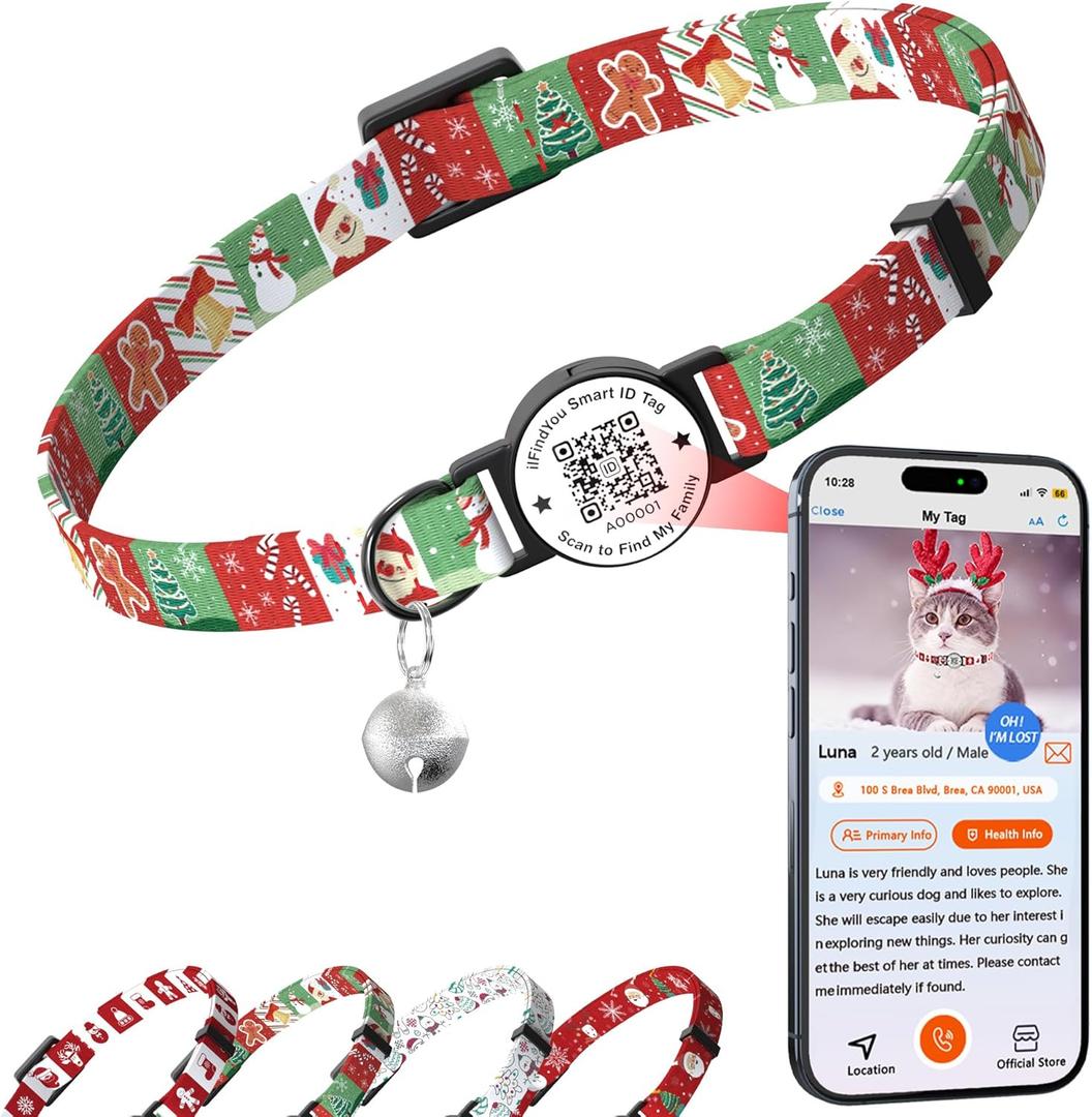 2 x Christmas Cat Collar Breakaway with Bells, Xmas Patterns Kitten Collar with Qr Code Cat Tag Christmas Pattern