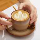 Pokini Stoneware Coffee Cups with Saucers, 6 Oz Cappuccino Cups Set of 4, Microwave & Dishwasher Safe, Perfect For Tea, Espresso, Latte, Ceramic Mugs for Kitchen or Cafe, Brown Yellow
