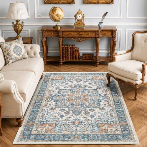 jinchan 5x7 Washable Living Room Area Rug, Vintage Oriental Medallion, Blue | Non-Slip, Soft, Low-Pile, Distressed, Indoor Carpet for Bedroom Dining Room Nursery, Floor Mat