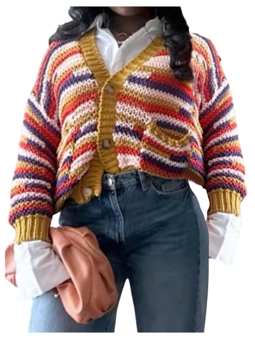 RoseSeek Women's Striped Color Block Sweaters Button Down Long Sleeve Cardigans Crop Tops Yellow Large