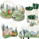 Camping Party Tableware Supplies Serves 20 Guests- Plates, Cups, Napkins, Table Cover, Cutlery Set- Kids Forest Adventure Green Favors for Boys Girls Party Ideas Decoration