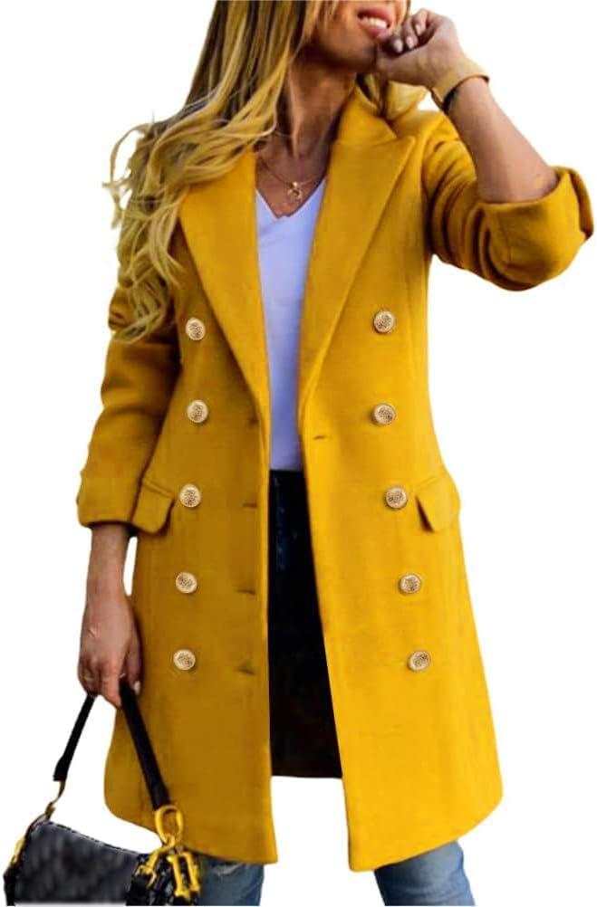 IDEALSANXUN Womens Fall Winter Wool Coats Double Breasted Midi Peacoat Trench Coats (Medium, Yellow)