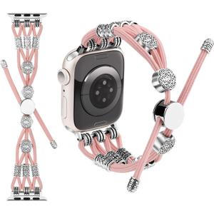 Compatible with Apple Watch Band Boho Beaded Woven Watchband Adjustable Nylon Braided Elastic Cord for Women iWatch Series 10/9/8/7/6/5/4/3/2/1 SE Ultra 49mm/46mm/45mm/44mm/42mm/41mm/40mm/38mm