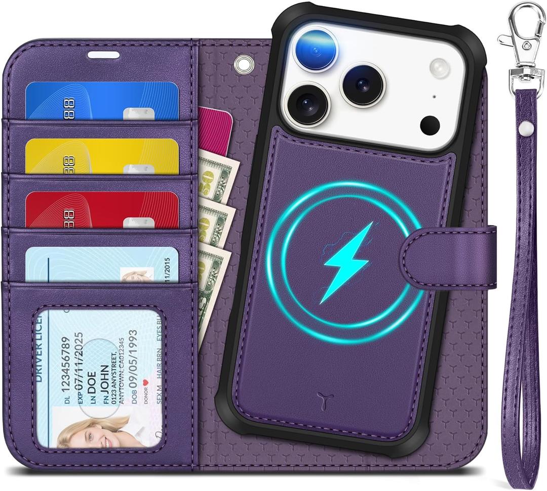TUCCH 2-in-1 Removable Wallet Case for iPhone 17 Pro (6.3-inch) 2025, Wireless Charging | RFID Blocking 4 Card Holders | Wrist Strap | Kickstand | Magnetic | PU Leather Protective Cover | Deep Purple