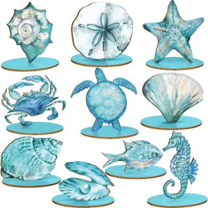 10 Pcs Ocean Wood Table Sign Under the Sea Wooden Tabletop Decor Sea Animal Coastal Beach Table Centerpiece Nautical Block Summer Decoration for Home Party Supplies (Classic Style)