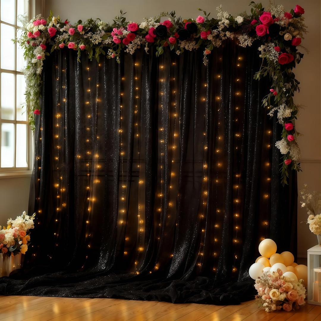 10x10FT Black Wrinkle Free Backdrop Curtains with Lights String for Parties - Photo Curtain Backdrop with Lights for Wedding Decorations, Bridal Baby Shower Birthday Party Photography Background (10FTx10FT (W5'xH10', 2 Panels))