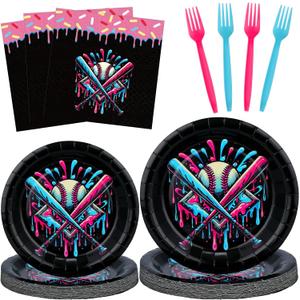 Yungyan 24 Sets Ice Cream Drip Baseball Party Supplies Disposable Ice-cream Drip Baseball Paper Plates and Napkins Forks Summer Sports Party Baby Shower Decoration Tableware Dinnerware for Women Men