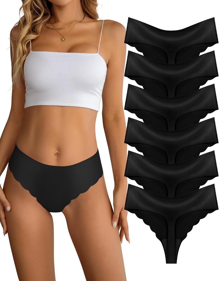 Seamless Thongs for Women Mid Rise No Show Ladies Thong 6 Pack (Black, XL)