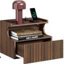 SoBuy Floating Nightstand with Charging Station and LED – Wall Mounted Bedside Table with Drawer and Shelf, Modern Floating Nightstand for Bedroom and Living Room, Walnut Wood Finish FBT180-E-N