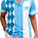 Hawaiian Bowling Shirts Men Retro Funny Sport Bowler Shirt Beach Summer Tee Tropical Vacation Button Down Short Sleeve Tops (Blue, M)