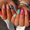 Dopamine Colorful Press on Nails Short CEWEWP Almond Fake Nails with Checkered Striped Design Cute Geometric Irregularity Acrylic Stick on Nails Summer Glossy Full Cover Glue on Nails for Women 24Pcs (Q16)