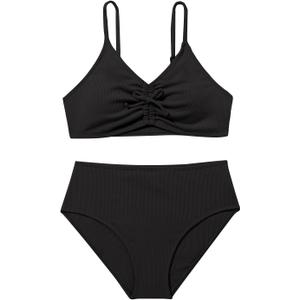 Milumia Girl's 2 Piece Swimsuit V Neck Spaghetti Strap Bathing Suit Bikini Set Swimwear (Black)