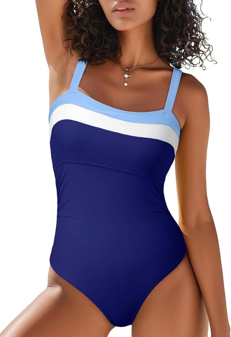 Aleumdr One Piece Swimsuit Women Athletic Bathing Suits Color Block Womens Swimsuits Swimwear (X-Large, A3 Navy Blue)