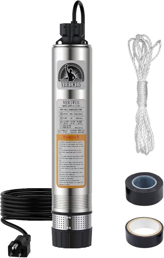 VERIWIS 4" Submersible Well Pump 3/4HP 115V 32GPM 174FT Head