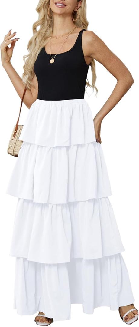 Womens Summer Tank Top Maxi Dress Smocked Ruffle Layered A Line Tiered Flowy Summer Casual Long Sundress(White Small)