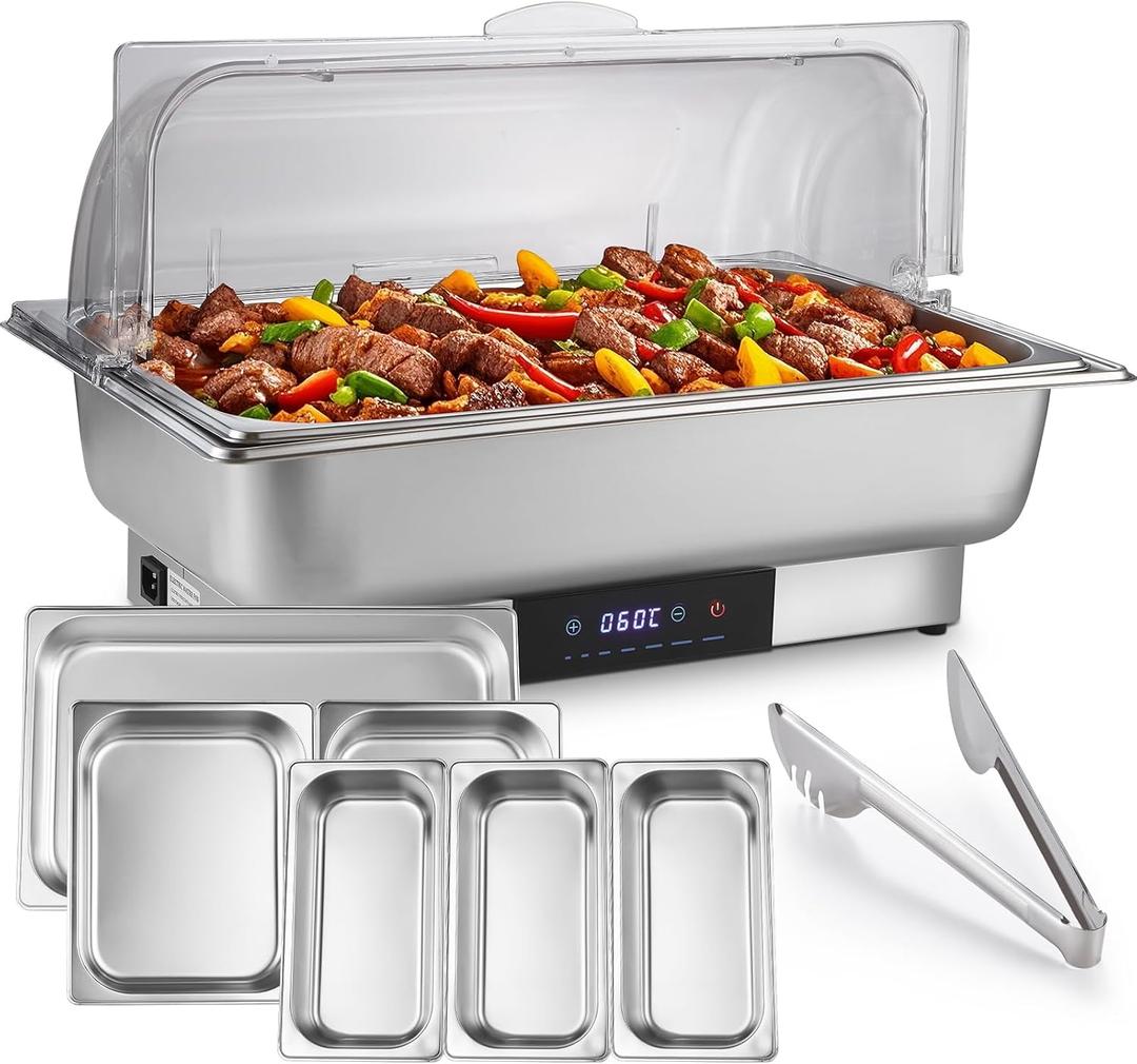 Electric Chafing Dish Buffet Server Set, Stainless Steel Full Size & Half-Size &Three-Section Food Pan with Temp Control, Roll Top Stainless Steel Food Warmers for Catering Buffet