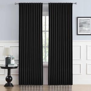 DUALIFE Black Curtains for Sliding Glass Door, Pinch Pleated for Track System Blackout Temporary Curtain for Windows Room Divider Patio Door Back Tab Loop Pocket, 2 Panels, W70 x L84