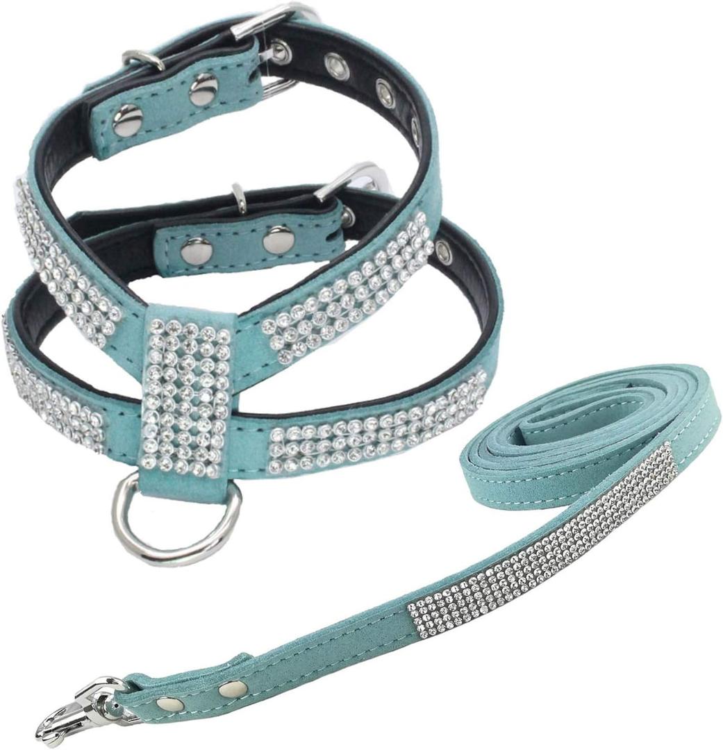 Fashion Puppy Harness with Diamantes and Lead Cute Girl Bling Dog Harness with Bling Leash for Small Dogs - Blue - S