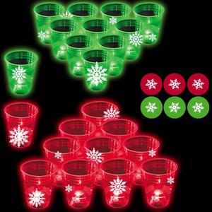 YHFUISK 22Pcs Christmas Glowing Pong Set Party Game Light Up Pong Cups for Christmas Party with 6 Snowflake Balls, 20 Decoration Plastic Snowflakes, Red & Green1