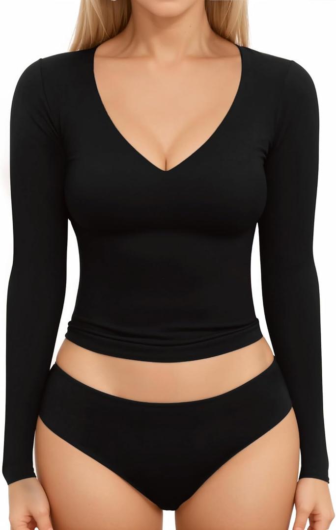 MANGOPOP Women's V Neck Long Sleeve Fitted T-Shirt (Medium)