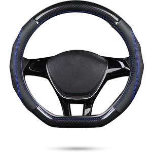 Ergocar Car Steering Wheel Cover Non-Slip Car Steering Wheel Protector Sport D-Shape Carbon Fiber & First Layer Cowhide Universal for Diameter 38cm(15") (D-Black-Blue)