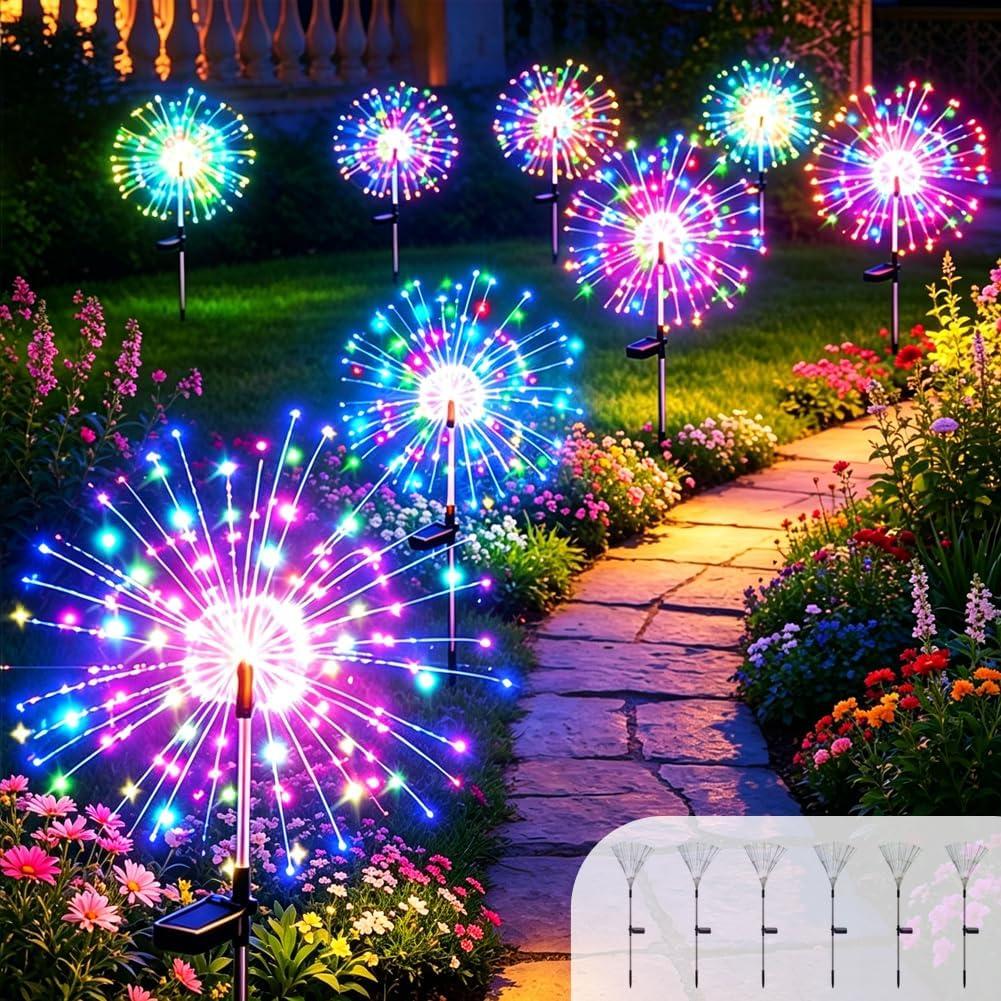 150 LED Solar Fireworks Lights Outdoor Waterproof, 6 Pack 8 Modes Twinkling Fireworks Solar Fairy Lights for Garden Yard Patio Flowerbed Lawn Planter Walkway Decor (Multicolor)
