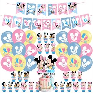 Mickey and Minnie Gender Reveal Party Decorations, Birthday Party Supplies from Mickey and Minnie Gender Reveal Party Supplies include Banners - Cake Toppers - 12 Cupcake Toppers - 18 Balloons