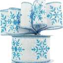 MEEDEE 2.5 Inch White Ribbon with Blue Glitter 10 Yards Wired Snowflake Ribbons Blue and White Ribbon for Christmas Tree, Winter Holiday Decor, Garlands, Wreaths, Gift Wrapping