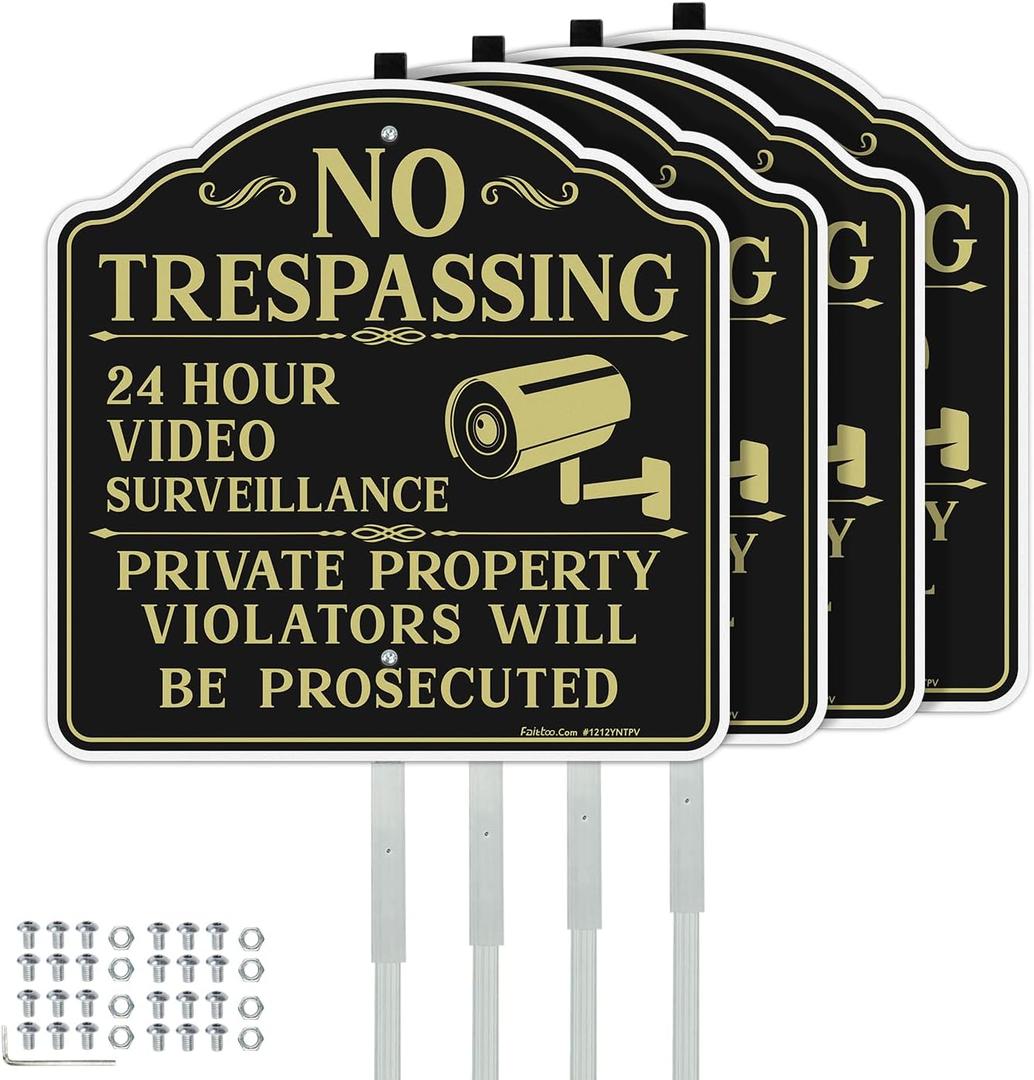 Faittoo No Trespassing Signs Private Property Video Surveillance Sign with 42" Stake, 4-Pack 12"x12" Rust Free Aluminum, Reflective, 2 Pre-drilled Holes, Includes Matching Screws & Wre