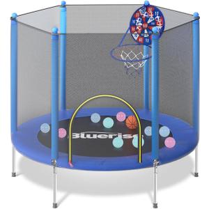BLUERISE 55IN 6FT Toddler Trampoline for Kids Indoor Outdoor Play for Kids Trampoline Basketball Hoop Attachment with Enclosure Net Easy to Assemble, Size: 55IN