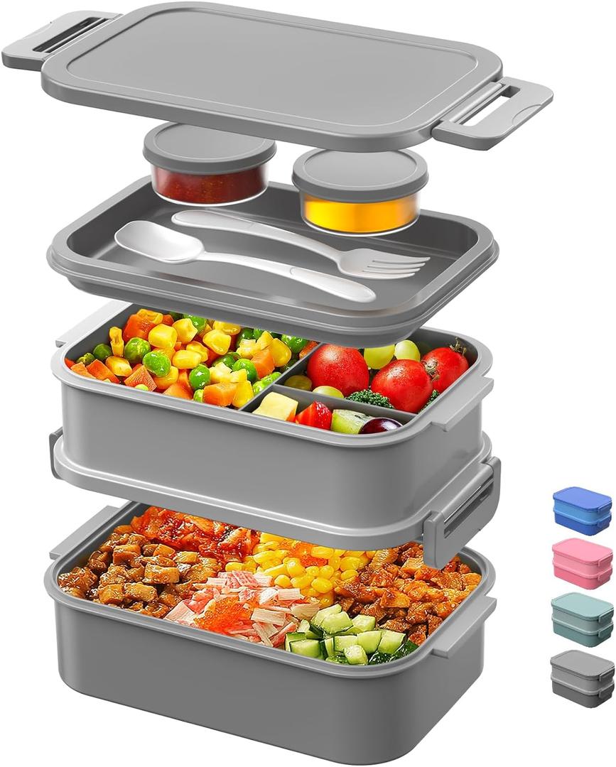 DaCool Adults Lunchbox Bento Box - 74 OZ All-in-One Stackable Lunch Box for Adults Men Women Teens Leakproof Bento Large Lunch Box Containers with Fork Spoon Sauce Box for Dining Out Work School,Grey (2-Grey)