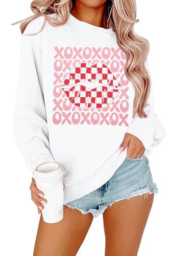 FAYALEQ Valentines Shirts for Women, Crewneck Sweatshirt with XOXO Lips Graphic, Valentines Day Pullover Gift White L