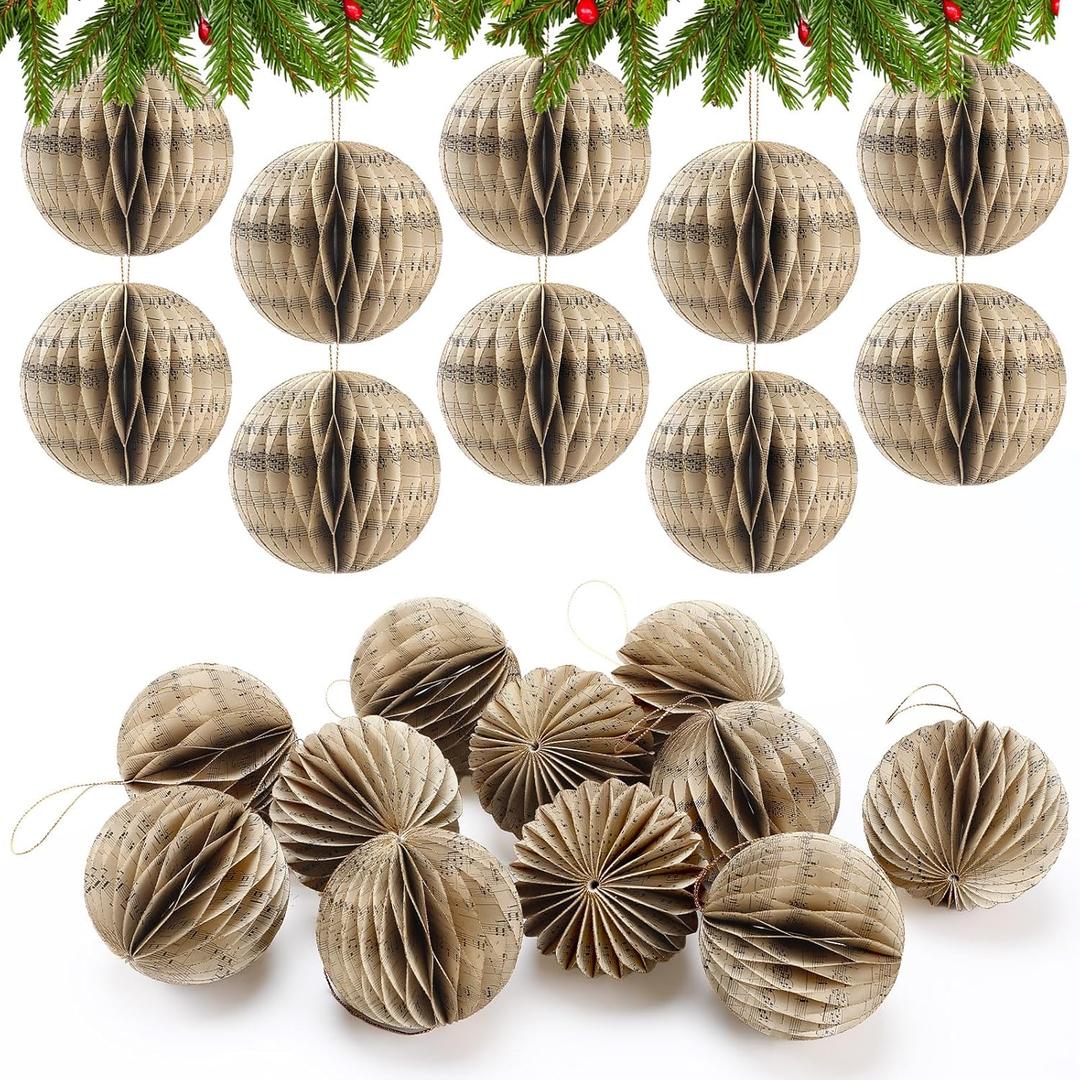Shellwei 12 Pcs Christmas Music Note Ornament 3 Inch Christmas Tree Paper Honeycomb Hanging Decorations Music Note Themed Balls Ornaments for Xmas Tree Party Decoration(Fresh)