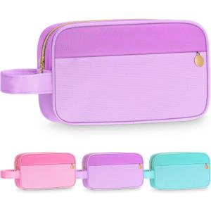 Kacctyen Preppy Makeup Bag Aesthetic Travel Cosmetics Bag Nylon Toiletry Organizer Cute Pencil Pouches with Handle Valentine's Day Bridesmaid Gift for Women(Purple)
