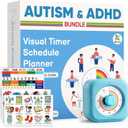 2-in-1 Visual Timer & Magnetic Visual Schedule for Kids, Autism ADHD Time Management Tool with 100+ Routine Chore Chat Magnets, Sensory Learning Materials for Home, Classroom, Special Education (Blue-rainbow)