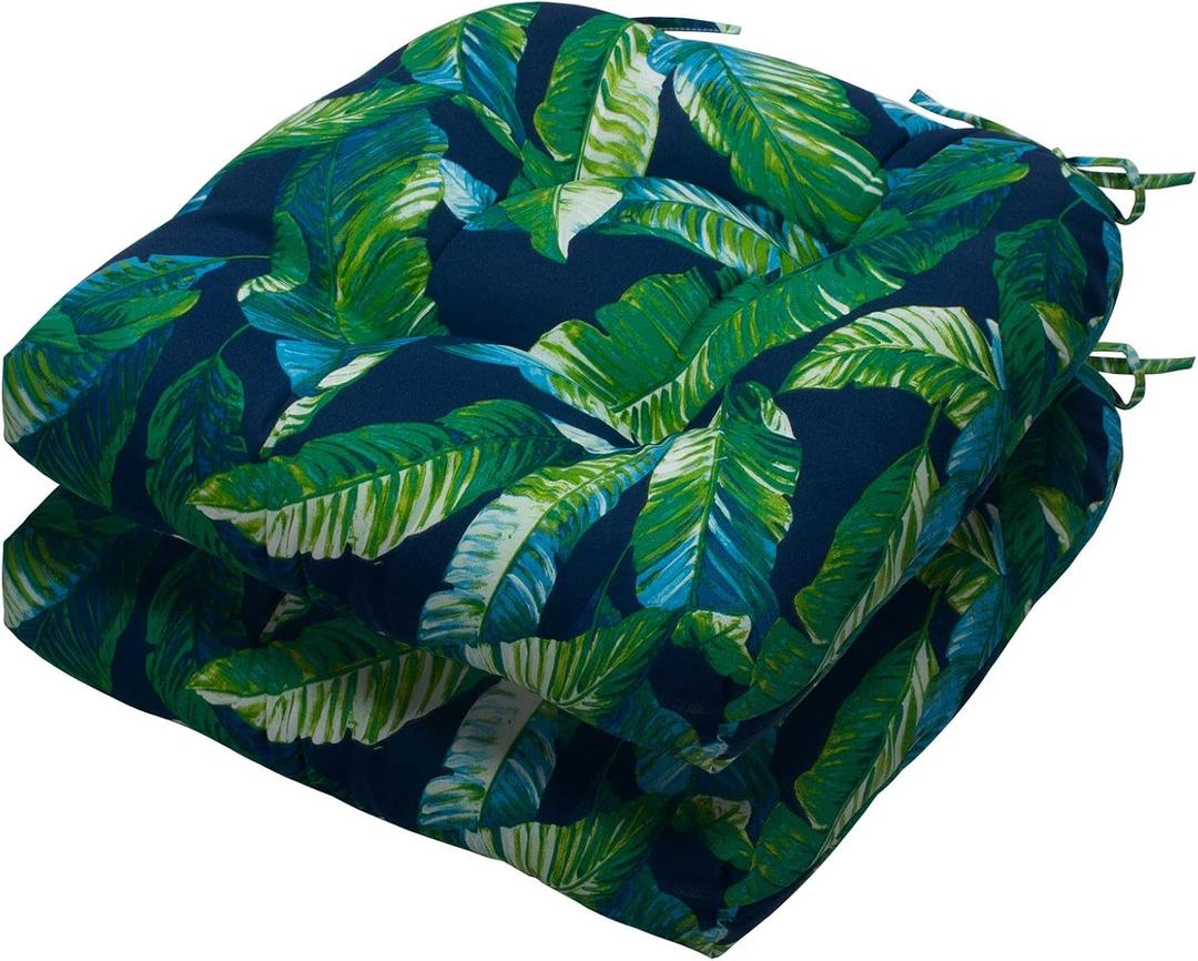 Magpie Fabrics 19"x19" Tufted Seat Cushion 2 Pack, U-Shaped Patio Cushions with Ties, Outdoor/Indoor Chair Pads Waterproof for Dining Garden Balcony Office -Green Lagoon Leaves