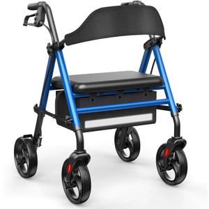 Walkers for Seniors with Seat, Thickened Flat Tube Frame, Foldable Rollator 350 lbs Load, Height Adjustable,8'' Big Wheels, Rolling Walker,Blue