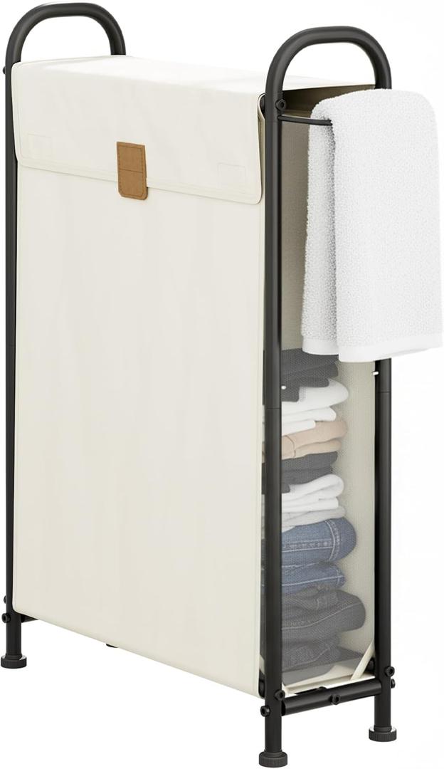 StorageWorks Slim Laundry Hamper with Flip Lid, Narrow Laundry Basket with Hooks, Breathable Mesh Clothes Organizer for Closet, Laundry Room, Bathroom, Beige