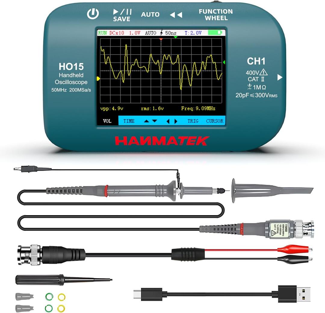 HANMATEK HO15 Handheld Digital Oscilloscope - 50MHz Bandwidth, 200MSa/s High-Precision Sampling, 2.8" TFT Display, USB Rechargeable, Signal Generator,Portable for Fieldwork
