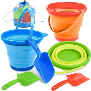 JOYIN 3 Packs Foldable Pail Bucket with Shovels & Mesh Bag, Collapsible Buckets Multi Purpose for Beach, Camping Gear, Beach Party, Fishing, and Fun Summer Activities (Orange/Blue/Green)