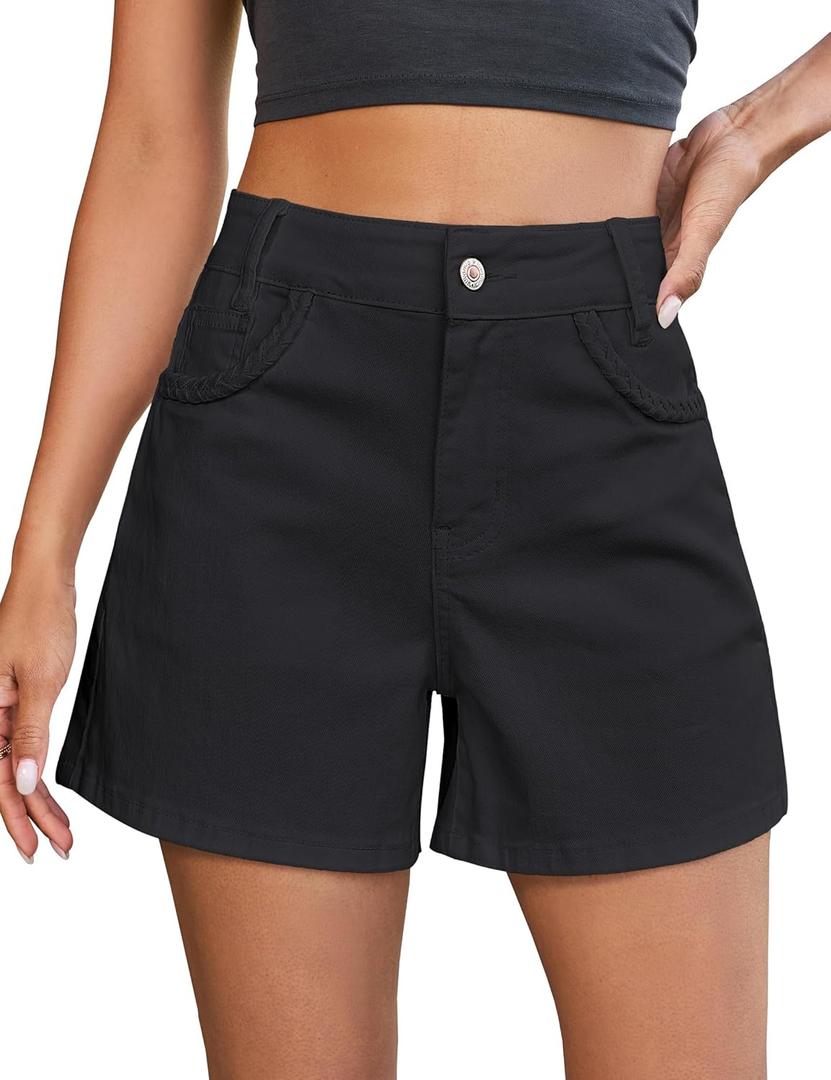 Luvamia Jean Shorts for Women Trendy Wide Leg Mid Thigh Casual Summer Stretchy Denim Shorts Jorts with Braided Pockets, M