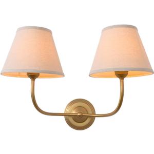 Vintage 2-Lights Fabric Sconces Wall Lighting with 8.66" Diam Linen Cloth Shade, Double Arm Wall Lamp Fixture for Living Room Bathroom Bedroom Hallway
