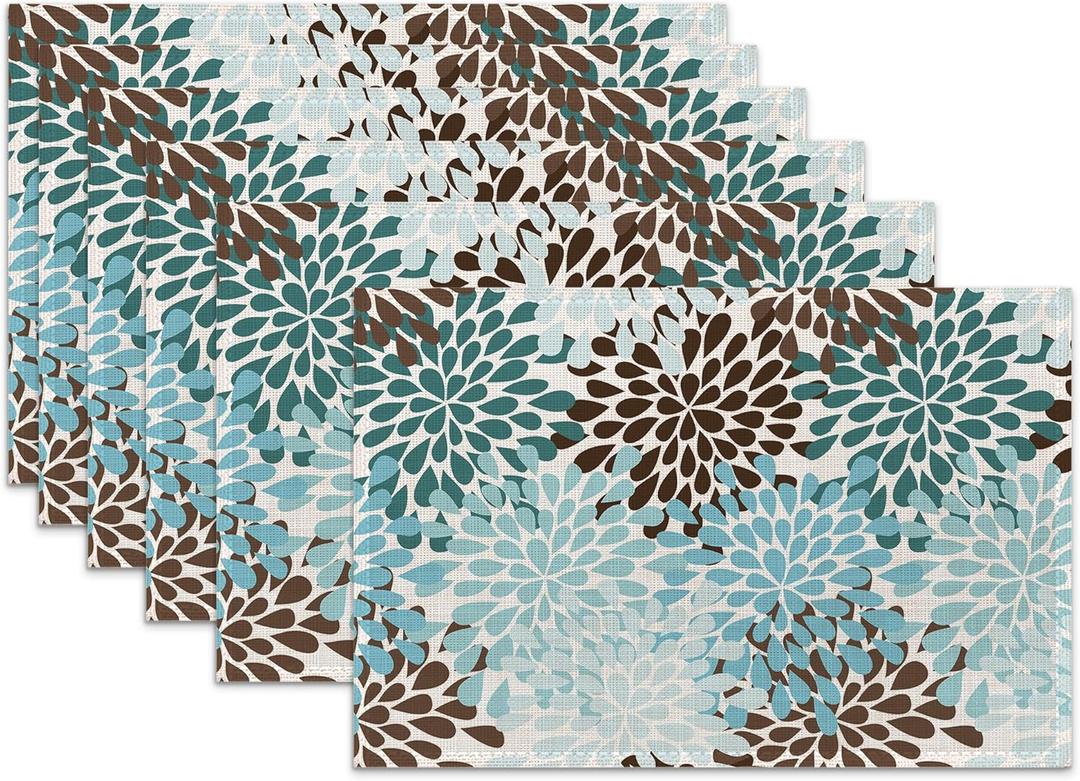 Blue Gray Dahlia Placemats Set of 6, Geometric Flowers Heat Resistant Table Mats Washable Place Mats for Party Kitchen Farmhouse Home Dining Holiday Decor 12x18 Inch