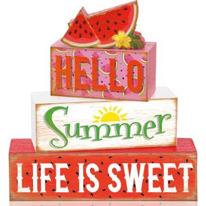 4 Pcs Summer Wooden Tiered Tray Decor Farmhouse Rustic Table Decor Books Stack Block Signs for Table & Home Office Decorations(Watermelon Style)