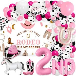 2nd Rodeo Birthday Decorations for Girl - This Ain't My First Rodeo Its My 2nd Birthday Backdrop, Cowboy Balloon Garland Arch Kit for Boys Western Theme Party (PINK)