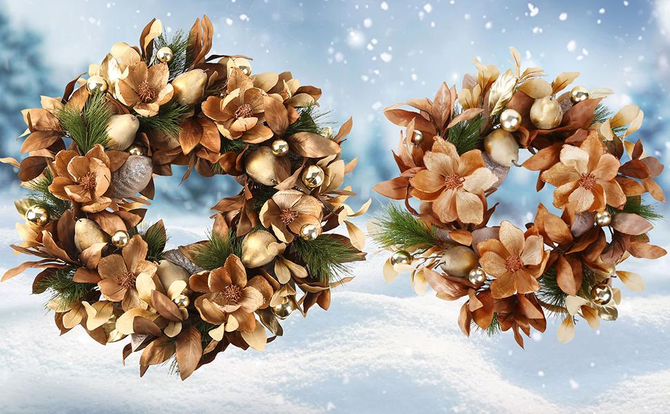 BINFEN 24" Winter Wreaths for Front Door, Gold-Brown Leaves Balls Pears Magnolia Flowers Christmas Wreath, Door Reef for Windows Fireplaces Walls, Front Porch Indoor and Outdoor Decor
