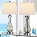 27.5" Coastal Glass Table Lamp Set of 2, 3-Way Dimmable Full Touch Control Beach Lamp with USB A+C Port, Blue Glass Nautical Bedside Lamp with White Shade for Living Room Bedroom(LED Bulbs Included)