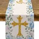 Pudodo Boy Baptism Table Runner God Bless First Holy Communion Christening Baby Shower Party Kitchen Dining Home Decoration (13" x 72", Blue)